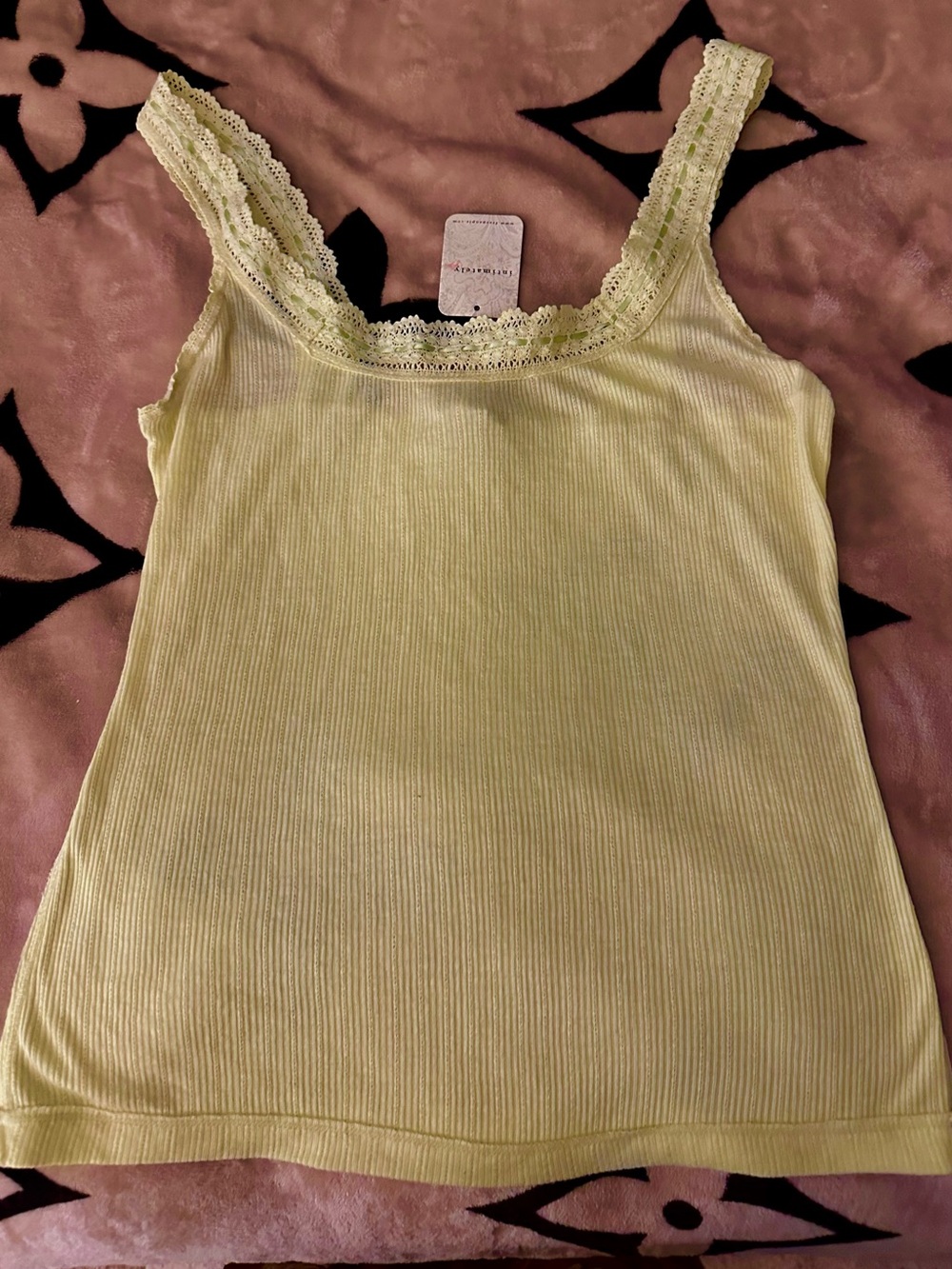 NWT Free People Pale Lemon Ribbed Lace-Trim Tank